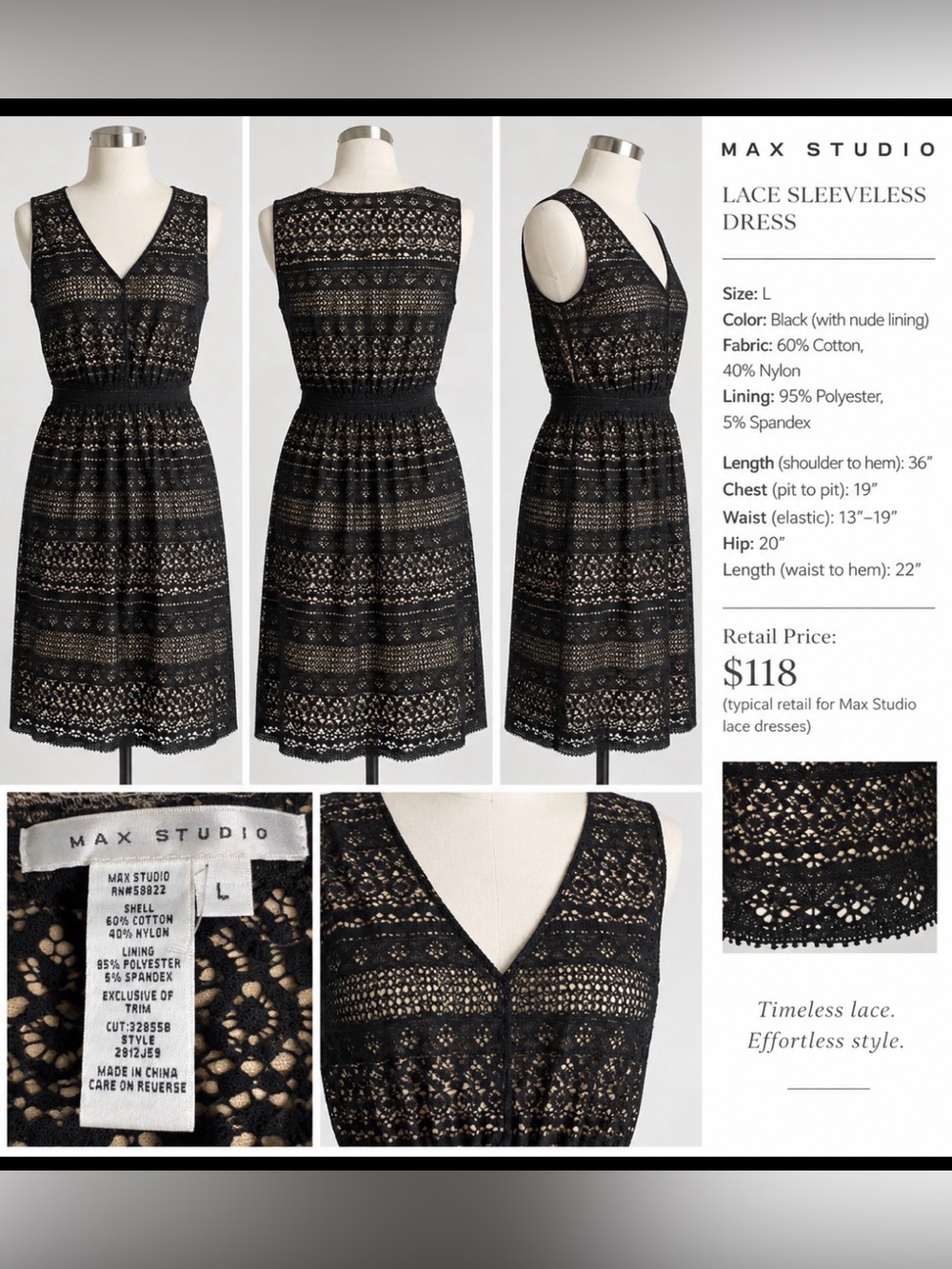 Max Studio Black Lace Midi Dress with Tan Underlay, Size L